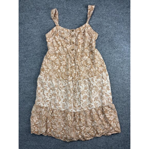 Lucky Brand Dress Womens Petite Large Tan Floral Button Front Midi With Pockets - Picture 1 of 8